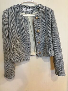 Zara Women's Herringbone Cropped Jacket in Blue & White size small